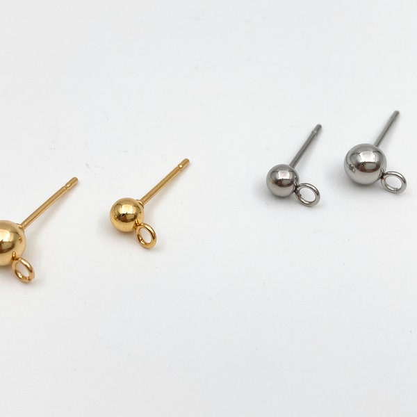 3mm 4mm 5mm Ball Earring Posts, Ball Earring Studs With Loops, Gold Plated Hypoallergenic Stainless Steel Earring Findings, Jewelry Supply