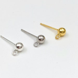 925 Sterling Silver Ball Earring Posts, 4mm Open Loops Posts, Ball Earring Studs, Earring Findings, Jewelry Supplies