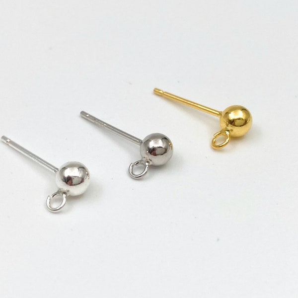 925 Sterling Silver Ball Earring Posts, 4mm Open Loops Posts, Ball Earring Studs, Earring Findings, Jewelry Supplies