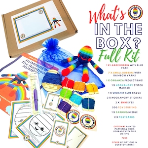 Rainbow Amigurumi Humpty Beginners Crochet Kit (Full Kit with Handmade Wooden Yarn Bobbins, stuffing, eyes, stitch marker, badge, stickers)