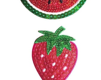 Erdbeere, Melone, saftige Früchte DIY gestickt Bügelbild Aufbügler Tasche Motiv