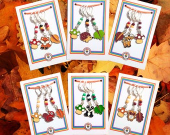 Cottagecore Crochet or knitting Woodland Animals, Flora & Fauna Stitch markers Set, progress keepers