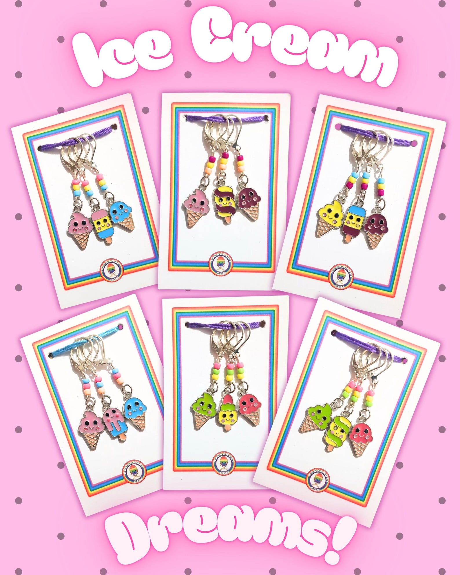 an image of a group of 6 sets of 3 stitchmarkers for crochet. All with a ice cream theme andthe title Ice Cream dreams!