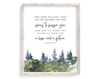 For I know the plans I have for you, declares the Lord, Jeremiah 29:11, Scripture Wall Art Watercolor, Bible verse wall Print
