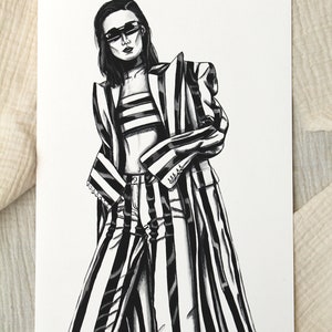 May include: Black and white illustration of a person wearing a striped blazer and trousers. The person is wearing sunglasses and has short hair.