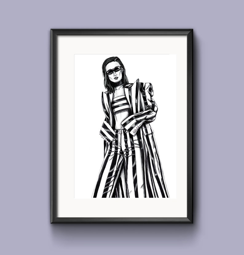 May include: Black and white illustration of a person wearing a striped blazer and trousers. The person is wearing sunglasses and has their hair pulled back.