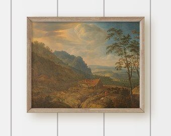 Vintage Autumn Landscape Oil Painting Print - Mountainous Farm