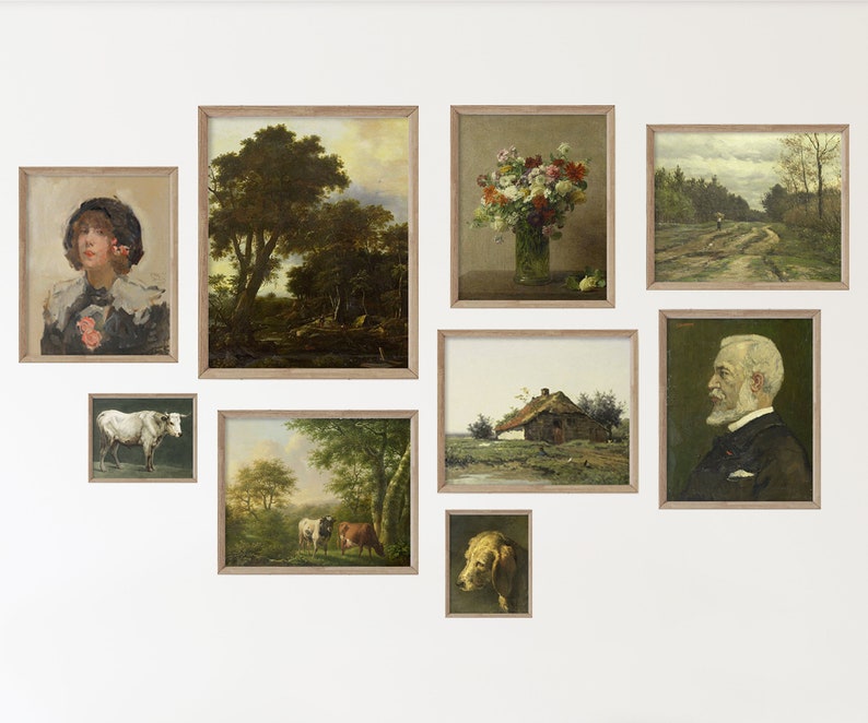 May include: A gallery wall with nine framed paintings. The paintings depict a variety of subjects, including landscapes, portraits, and still lifes. The frames are all made of wood and have a light brown finish.