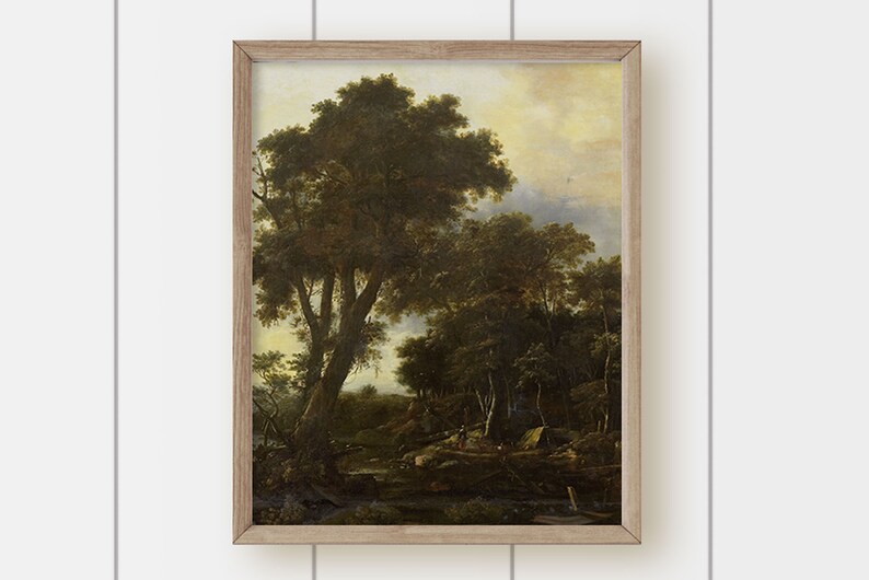 May include: A framed oil painting depicting a landscape scene with a large tree in the foreground and a river flowing through a forest. The sky is a pale yellow with clouds.