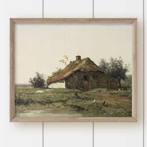 May include: A framed painting of a rustic wooden cottage with a thatched roof, surrounded by green grass and trees. The cottage has a whitewashed wall and a small door. There are chickens and other birds in the yard.