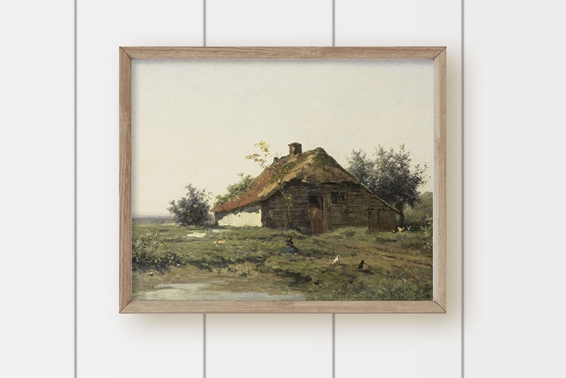 May include: A framed painting of a rustic wooden cottage with a thatched roof, surrounded by green grass and trees. The cottage has a whitewashed wall and a small door. There are chickens and other birds in the yard.