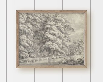 Vintage Neutral Landscape Drawing - Grayscale River Trees