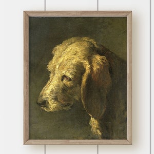 May include: A painting of a dog's head, the dog is a light brown color and has floppy ears. The painting is in a wooden frame.