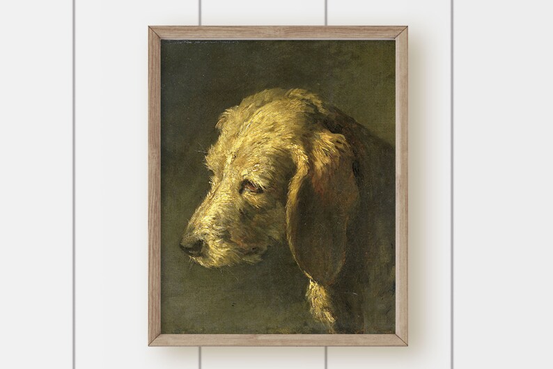 May include: A painting of a dog's head, the dog is a light brown color and has floppy ears. The painting is in a wooden frame.