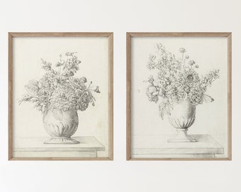 Set of 2 Vintage Art Prints - Black and White Floral Sketches