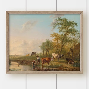 Vintage Autumn Landscape Oil Painting Print - Cow & Children