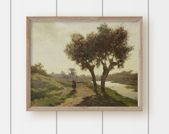 Vintage Autumn Landscape Oil Painting  Print - Two Trees Landscape