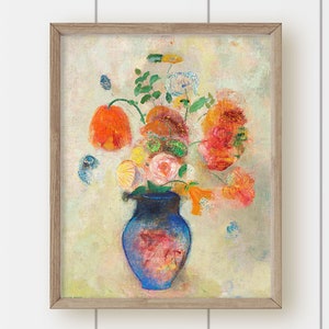 Vintage Floral Painting - Blue Vase with Flowers