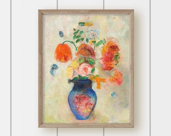 Vintage Floral Painting - Blue Vase with Flowers
