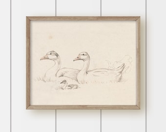 Vintage Painting Goose Art - Family of Geese