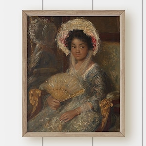 Vintage Portrait Oil Painting Print - Girl with Hat and Fan
