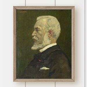 May include: A framed oil painting of a man with a white beard and mustache. He is wearing a dark suit and a white shirt with a bow tie. The background is a dark green.