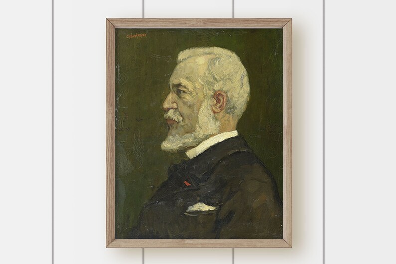 May include: A framed oil painting of a man with a white beard and mustache. He is wearing a dark suit and a white shirt with a bow tie. The background is a dark green.