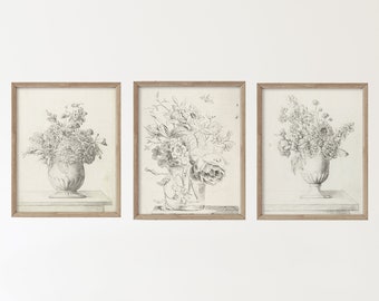 Set of 3 Vintage Art Prints - Black and White Floral Sketches
