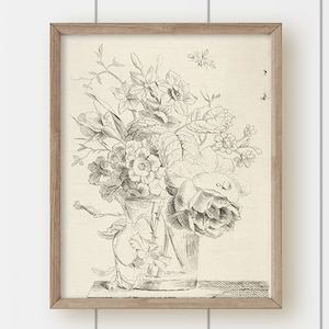 Vintage Botanical Art Print - Floral Vase Sketch