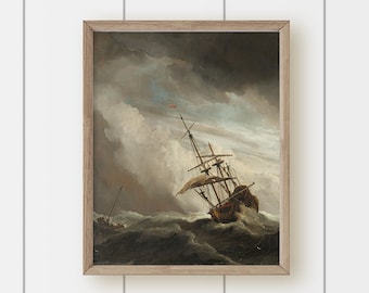 Vintage Sailboat Sea Oil Painting - Stormy Skies