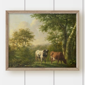 May include: A painting of a rural landscape with two cows grazing in a clearing. The cows are brown and white, and the background is a lush green forest with a blue sky.