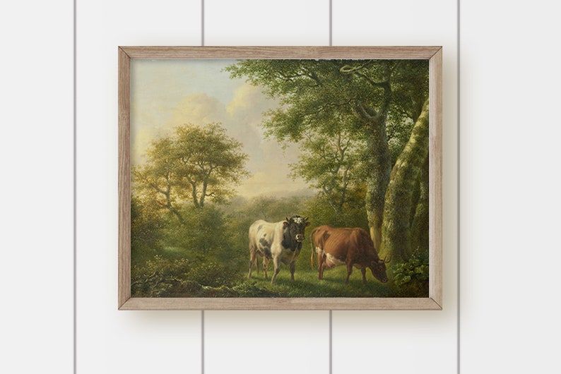 May include: A painting of a rural landscape with two cows grazing in a clearing. The cows are brown and white, and the background is a lush green forest with a blue sky.