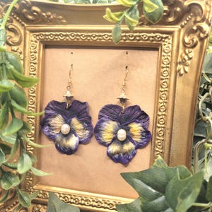 Pansy Flower Polymer Clay Dangle Earrings with Freshwater Pearl!