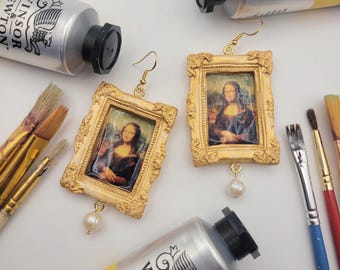 Mona Lisa Polymer Clay Frame Earrings  with Freshwater Pearl