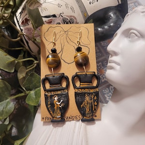 Ancient Greek Inspired Handpainted Vase Clay Earrings: with Hades, Persephone, Cerberus, and Laurel Leaves.