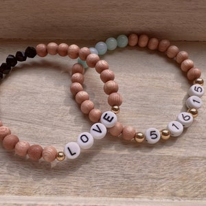 6mm personalized name/date bracelet + various gemstones + gold filled spacer beads