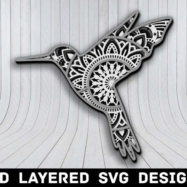 Fichier SVG colibri Mandala 3D, fichiers SVG colibri, Mandala 3D, coupe au Laser 3D multicouches, téléchargement immédiat de fichiers SVG Mandala colibri