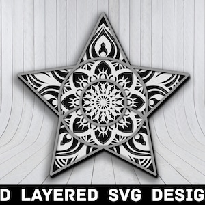 3D マンダラ スター SVG ファイル、スター マンダラ SVG ファイル、ライジング スター 3D マンダラ、マルチレイヤー 3D レーザー カット、スター マンダラ SVG ファイルの即時ダウンロード