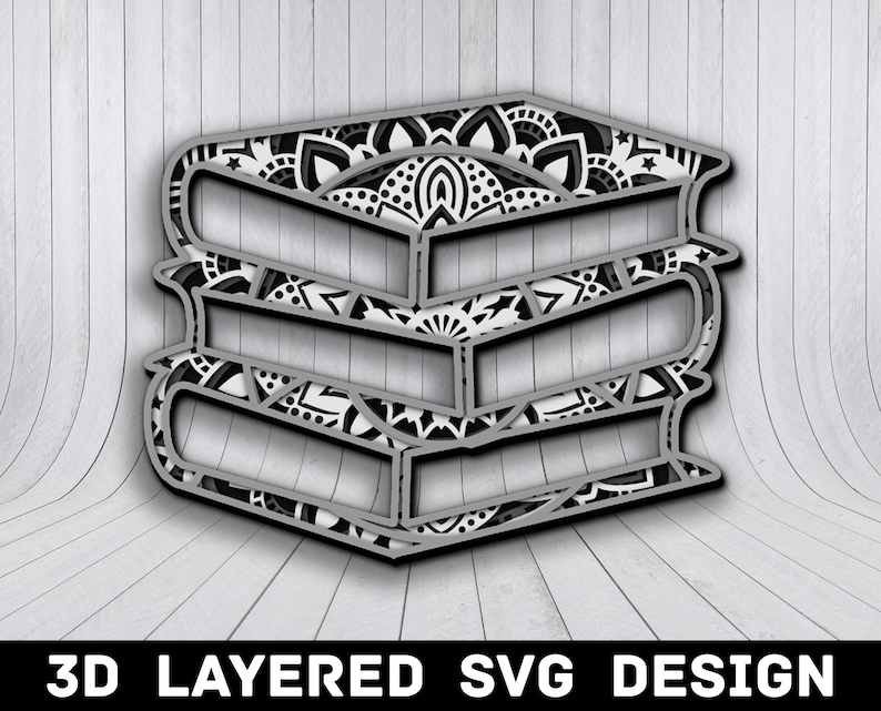 May include: A 3D layered SVG design of a stack of books with a mandala pattern. The books are black and white and have a layered effect.