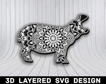 3D Mandala Hippo SVG File, Hippo Mandala SVG Files, Hippo 3D Mandala, Multilayers 3D Laser Cut, Hippo Mandala SVG Files, Instant Download