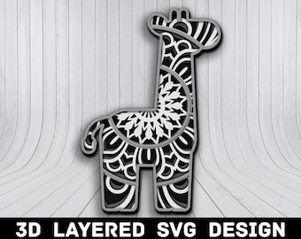 Archivo SVG de jirafa mandala 3D, archivos SVG de jirafa 3D, mandala 3D de jirafa, corte láser 3D multicapa, archivos SVG de mandala de jirafa, descarga instantánea
