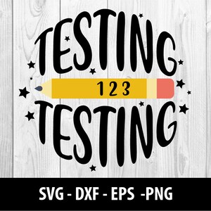 Puede incluir: Diseño gráfico en blanco y negro con el texto "Testing" escrito dos veces, con un lápiz amarillo con el número "123" escrito en él entre las palabras.
