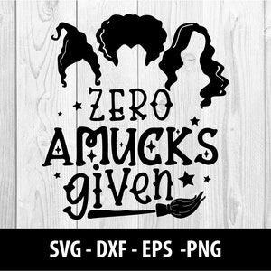 Puede incluir: Silueta en blanco y negro de tres brujas con el texto "Zero mucks given" y una escoba debajo.