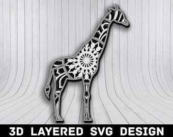 Archivo SVG de jirafa mandala 3D, archivos SVG de jirafa 3D, mandala 3D de jirafa, corte láser 3D multicapa, archivos SVG de mandala de jirafa, descarga instantánea