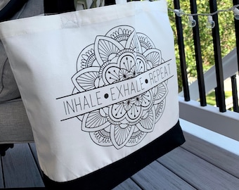 Oversized Canvas Tote Bag, Inhale Exhale Repeat Mandala, Black & White X-Large Canvas, Extra Large Beach Bag, Reusable Tote Bag