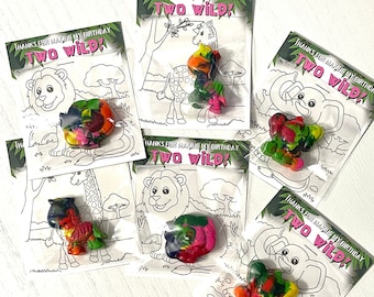 Two Wild Animal Crayon Party Favor, Jungle Safari Coloring Sheet Thank You, Elephant Lion Giraffe Zebra Themed Birthday Party, Molded Crayon