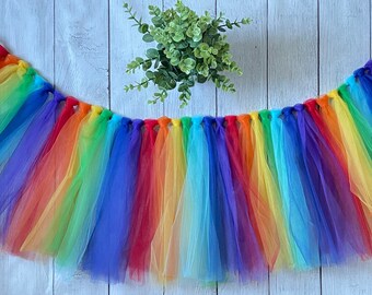 Youth or Adult Tulle Tutu, Elastic Waistband or Ribbon Waist, Rainbow Tutu, Solid Color, Pink Ombre Tutu, Custom Color Combination, 12" long