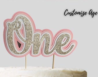 One Cake Topper, Customize Age, 3D Cake Topper, 1st Birthday, Pink Ombre Champagne Gold Glitter, Any Age Cake Topper, Elegant Party