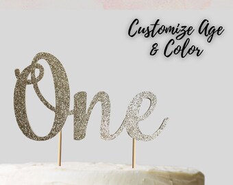 One Cake Topper, Customize Age, 1st Birthday Cake Pick, Champagne Gold Glitter, Any Age Cake Topper, Simple Elegant Party