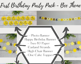 Bumble Bee Party Bundle, First Birthday Party Pack, 1st Bee Day Decoration Kit, Birthday Banner, Photo Banner, Cake Topper, Paper Garland